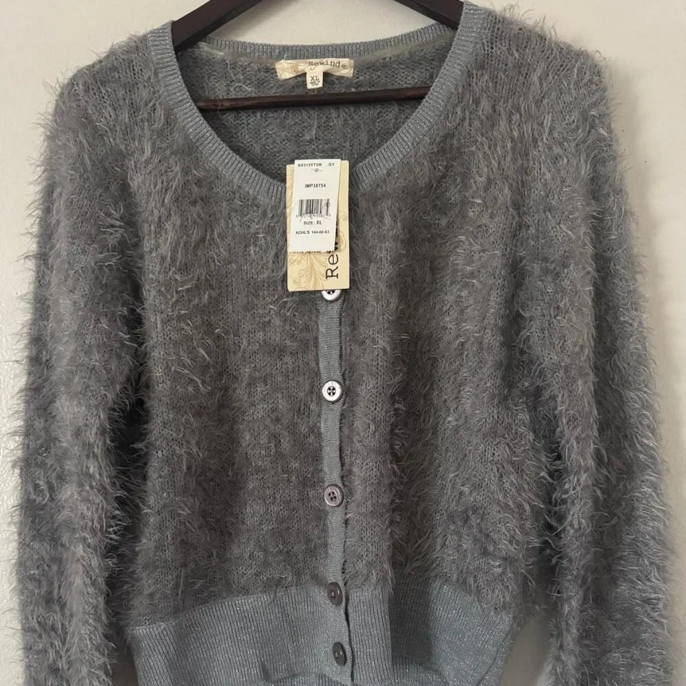Rewind Gray Fuzzy Button-Up Teddy Cardigan